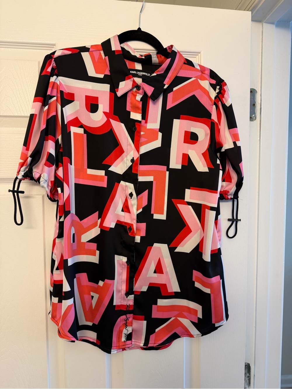 Karl Lagerfeld Black Button-Up Blouse with Pink & Red Graphic Print